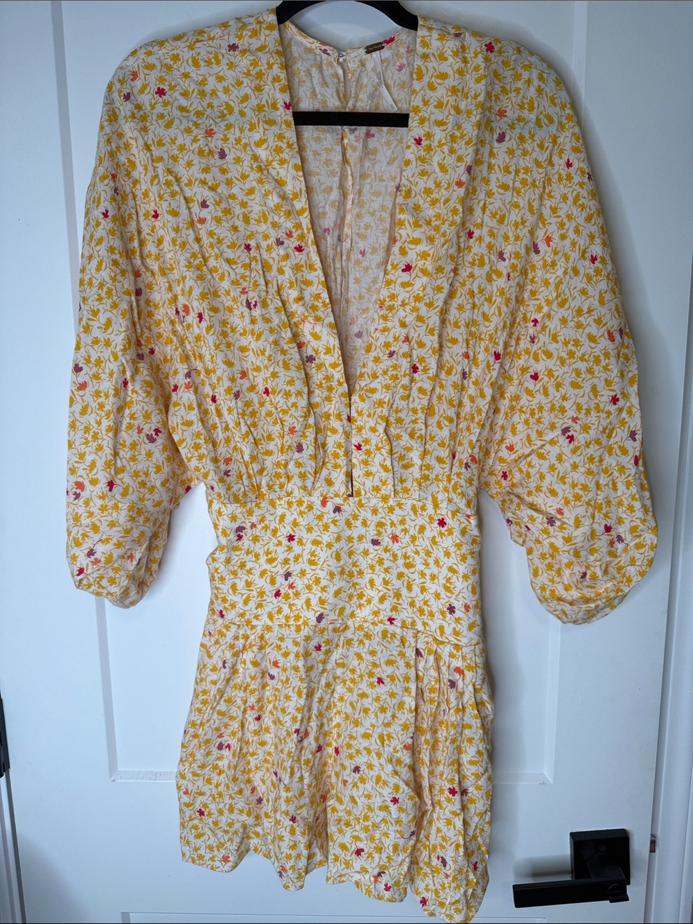 Free People Yellow Floral‎ V-Neck Romper with Puff Sleeves - XS